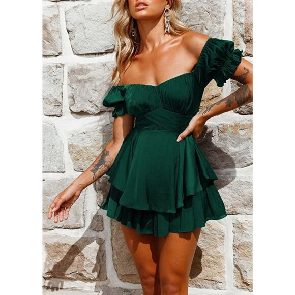 Emerald Green Ruffle Short Sleeve‎ Layered Romper Short Jumpsuit Playsuit - Picture 1 of 7